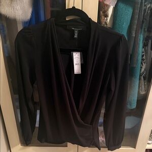 NWT! White House Black Market Black Faux-Wrap Long Sleeve Blouse
